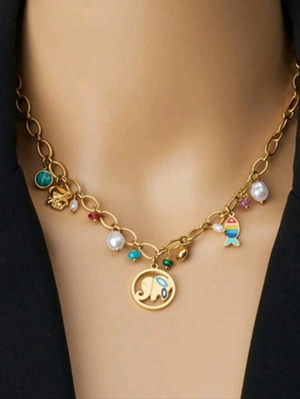 Gold Multicolor Charm Necklace with Pearls - Women Jewelry